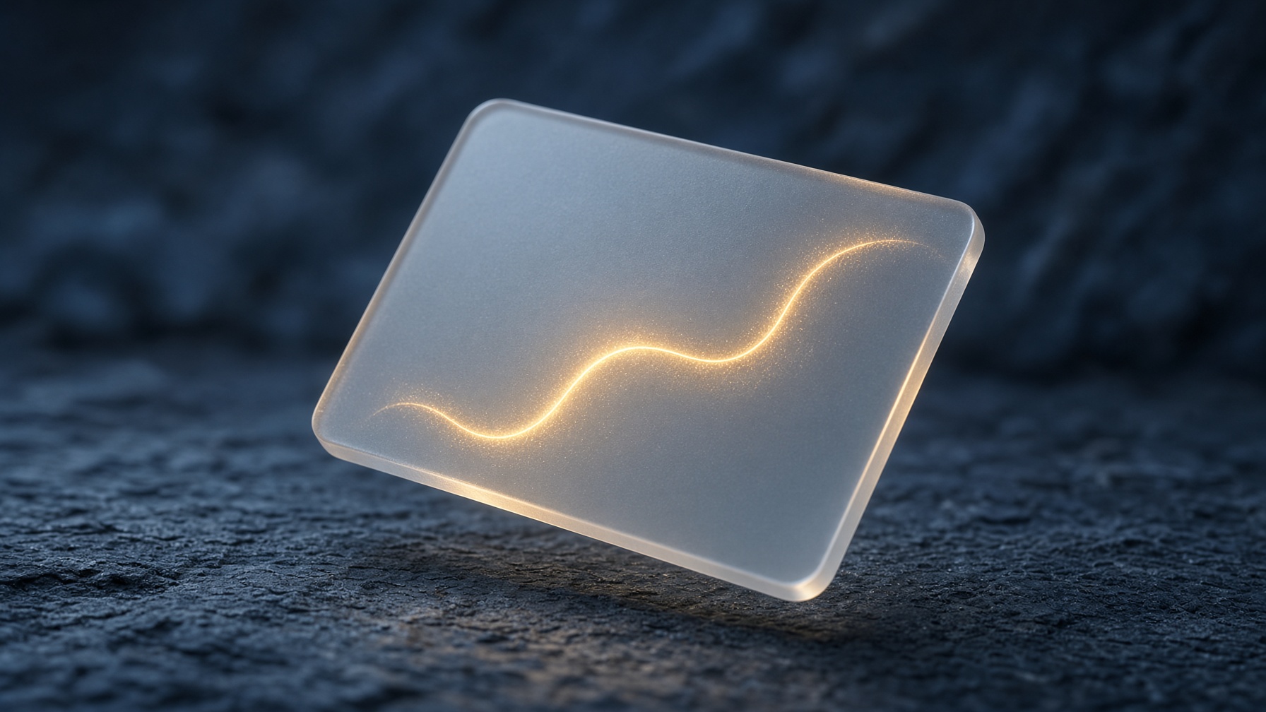 A single frosted glass card lit from within by a golden filament